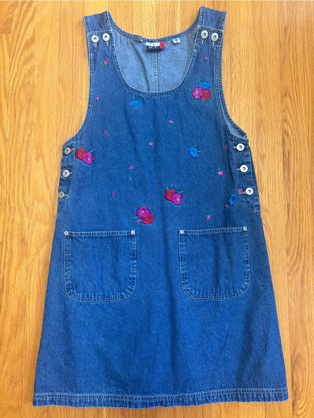 Vintage Denim Floral Embroidered Jumper Dress Small